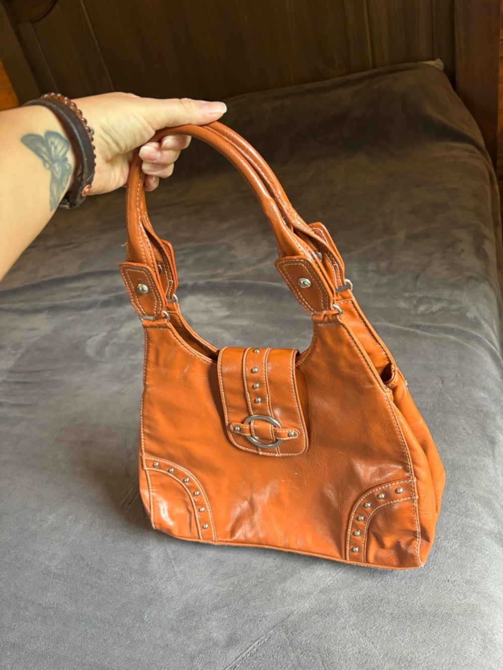 Women’s St John’s Bay Brown Faux Leather Studded Shoulder Bag, spotless inside - Picture 6 of 11
